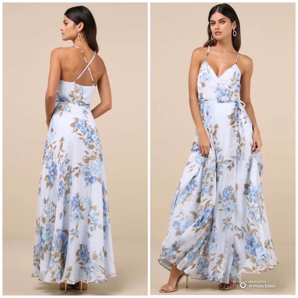 NEW Lulu's White Maxi Dress with Blue Floral Print